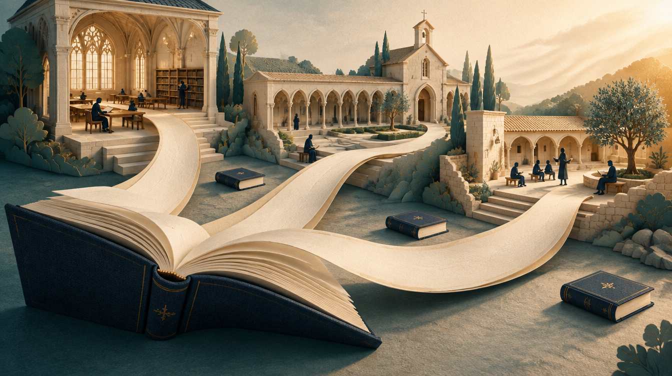 Editorial illustration of an open book whose pages become paths toward a place of study, a chapel and cloister, and a community gathering